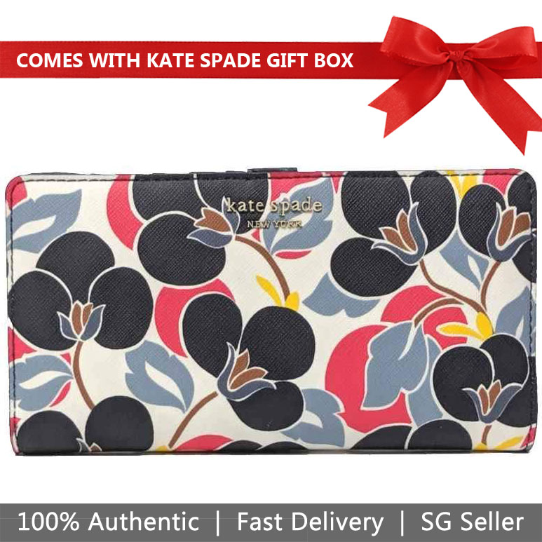 Kate Spade Medium Wallet Cameron Large Slim Bifold Wallet Breezy Floral Blue # WLRU5418