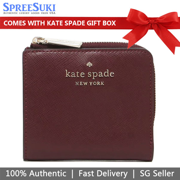 Kate Spade Small I-Zip Bifold Wallet Cherrywood Dark Red # WLR00143