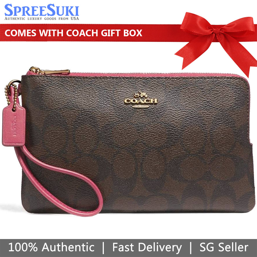 Coach Large Double Zip Wallet In Signature Coated Canvas Large Wristlet Brown / Rouge Pink # F16109