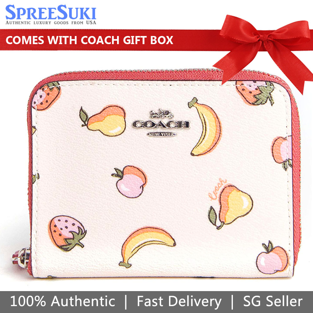 Coach Small Wallet Small Zip Around Wallet With Mixed Fruit Print Chalk Off White # F73396