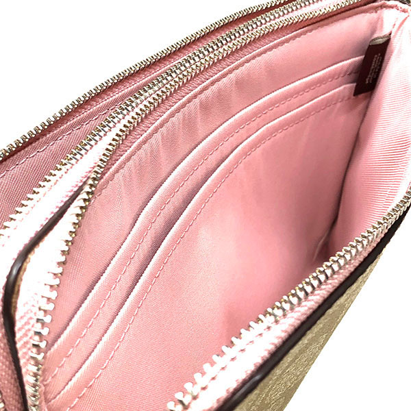 Coach Large Wristlet Double Zip Wallet In Signature Canvas Light Khaki / Carnation Pink # F16109