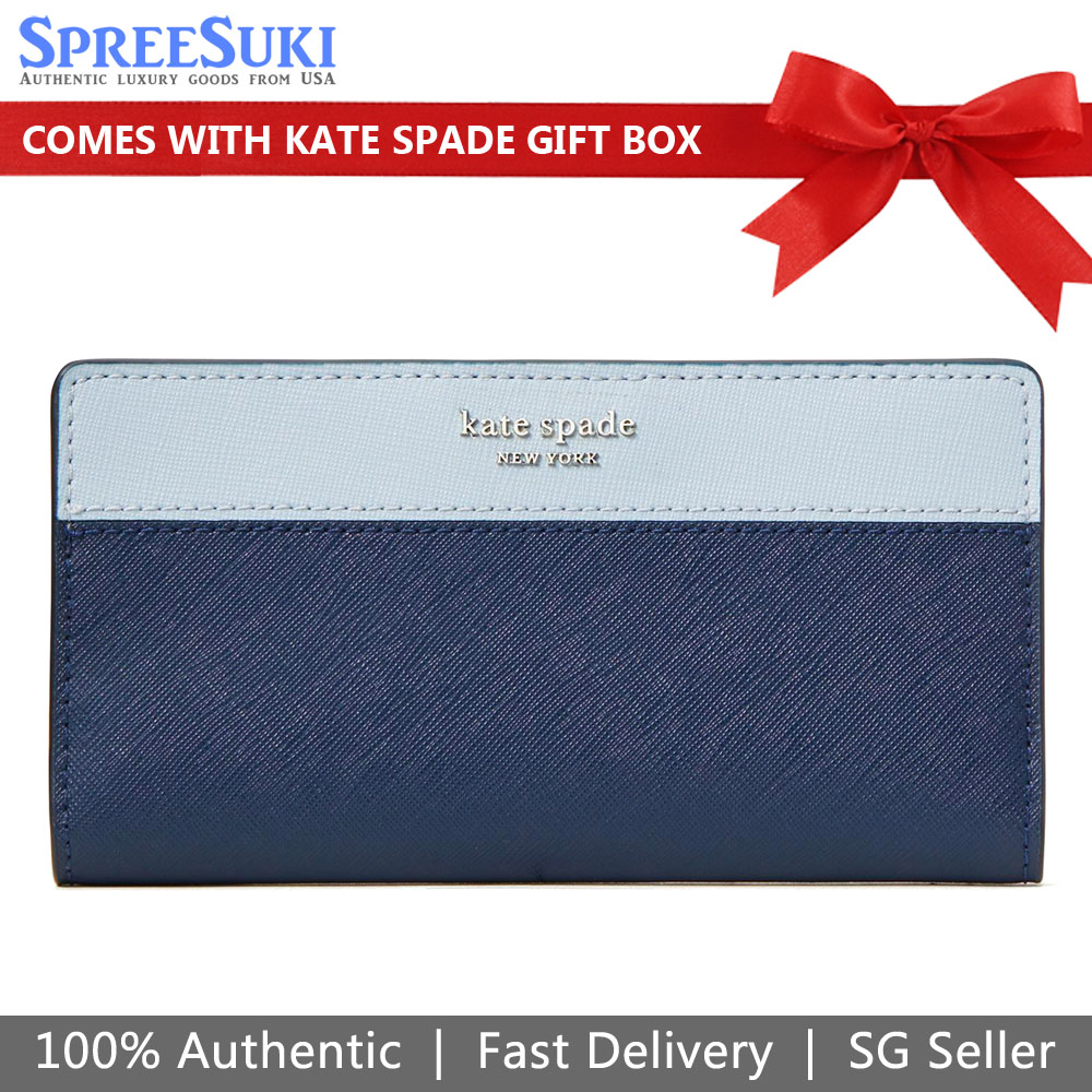 Kate Spade Cameron Large Slim Bifold Wallet Medium Wallet Nightcap Navy Dark Blue / Baby Blue # WLRU5463