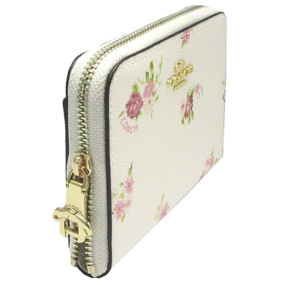 Coach Small Zip Around Wallet With Daisy Bundle Print And Bow Zip Pull Chalk Off White # F29449