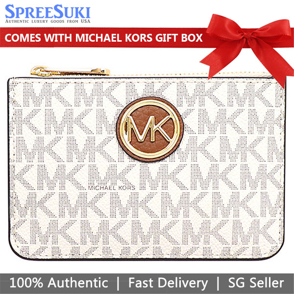Michael Kors Card Key Case In Gift Box Fulton Small Top Zip Coin Pouch With Id Vanilla Off White / Acorn Brown # 35H8GFTP1B