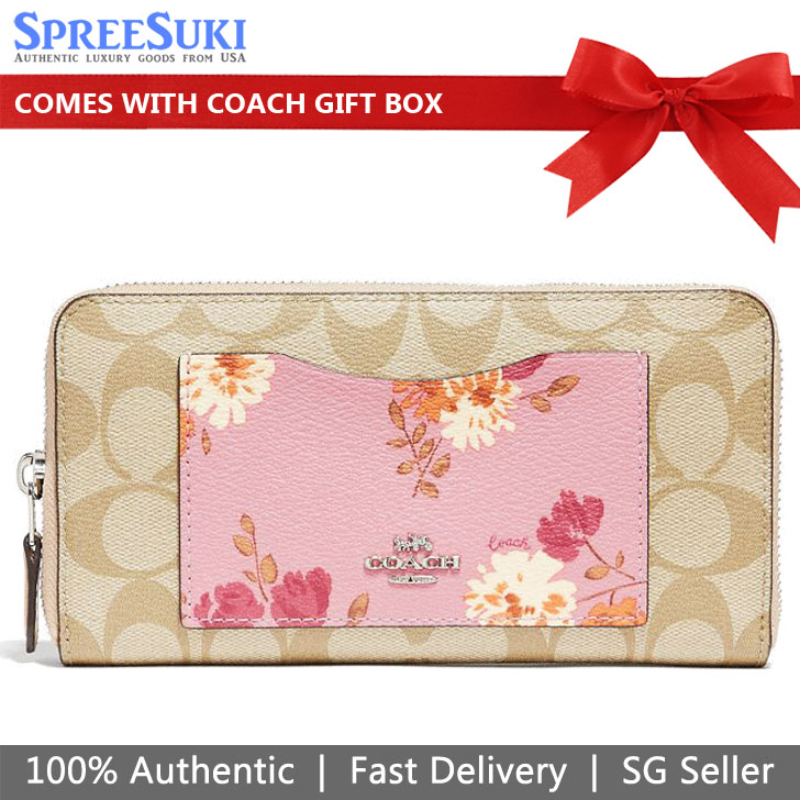 Coach Wallet In Gift Box Accordion Zip Wallet In Signature Canvas With Painted Peony Print Pocket Carnation Pink / Light Khaki # F73011