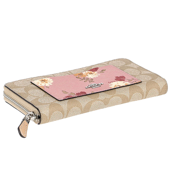 Coach Wallet In Gift Box Accordion Zip Wallet In Signature Canvas With Painted Peony Print Pocket Carnation Pink / Light Khaki # F73011