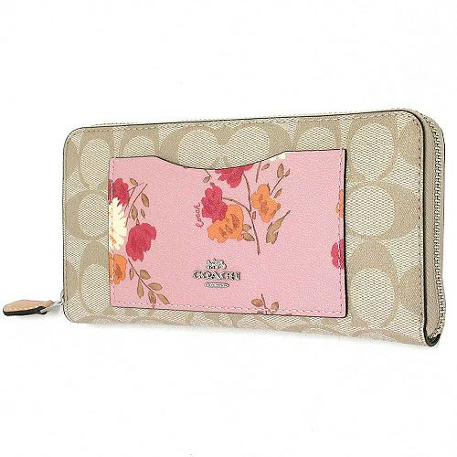 Coach Wallet In Gift Box Accordion Zip Wallet In Signature Canvas With Painted Peony Print Pocket Carnation Pink / Light Khaki # F73011