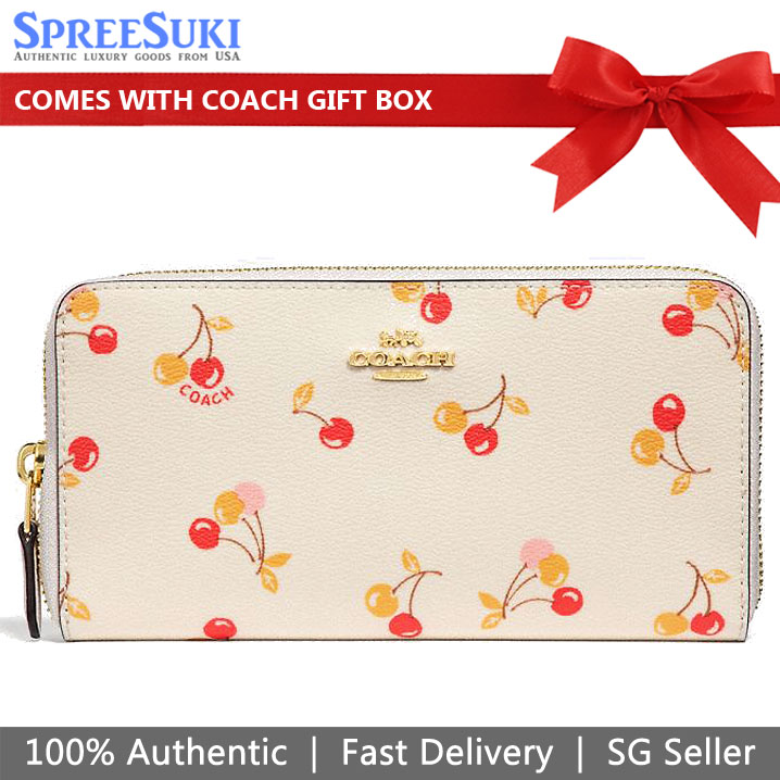 Coach Long Wallet Accordion Zip Wallet With Cherry Print Chalk Cream Yellow # F31947