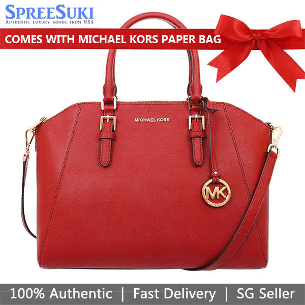 Michael Kors Crossbody Bag Ciara Large Top Zip Leather Satchel Scarlet Red # 35T8GC6S3L