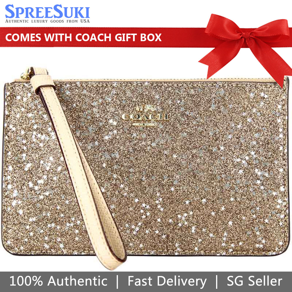 Coach Boxed Small Wristlet With Glitter Star Print Gold # F22705
