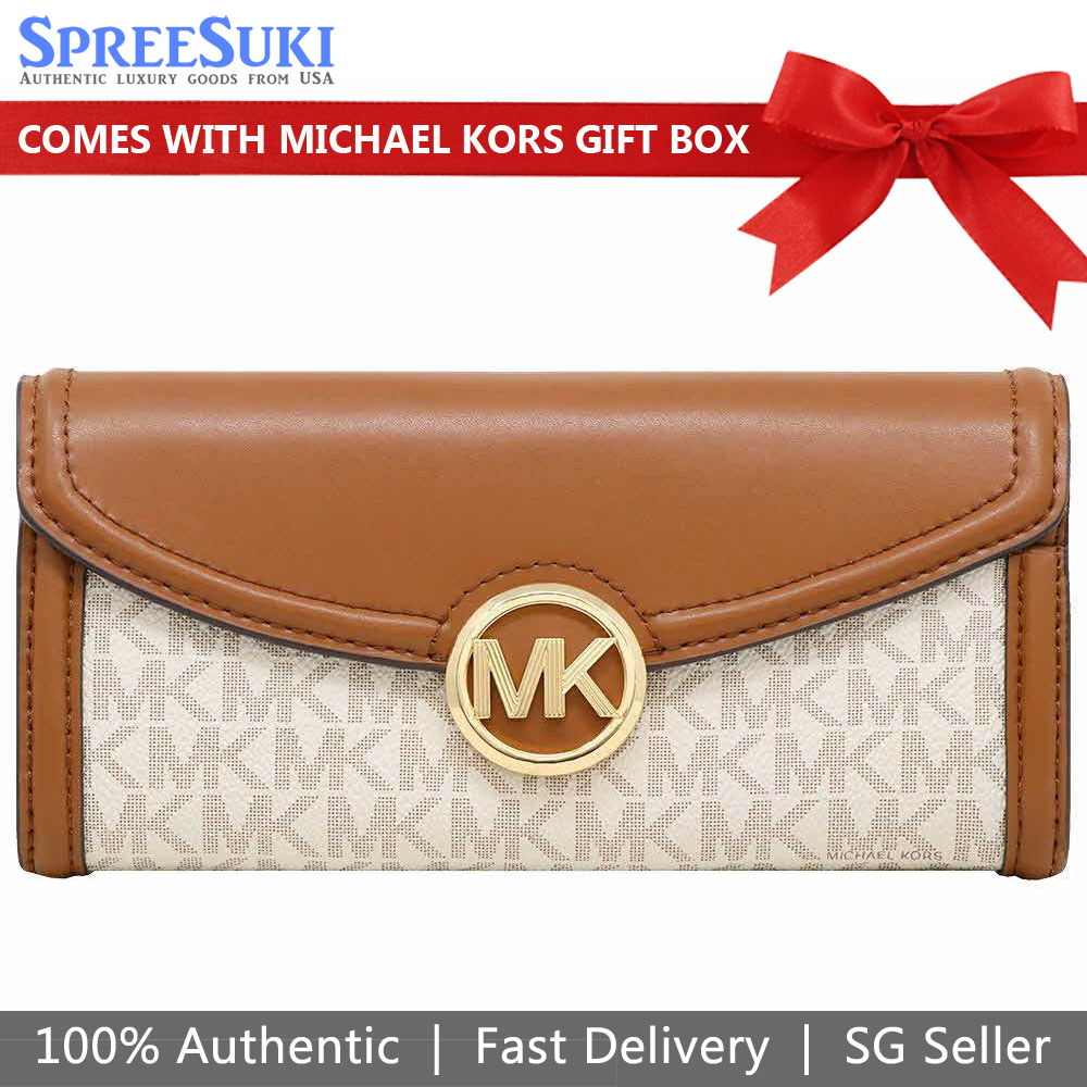 Michael Kors Long Wallet Large Flap Continental Wallet Vanilla Off White Acorn Brown # 35F9GFTE3B