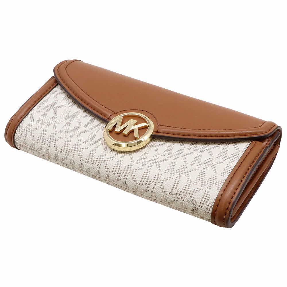 Michael Kors Long Wallet Large Flap Continental Wallet Vanilla Off White Acorn Brown # 35F9GFTE3B