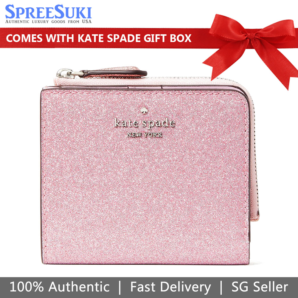 Kate Spade Small Wallet Lola Glitter Boxed Small L-Zip Bifold Pink # WLR00213
