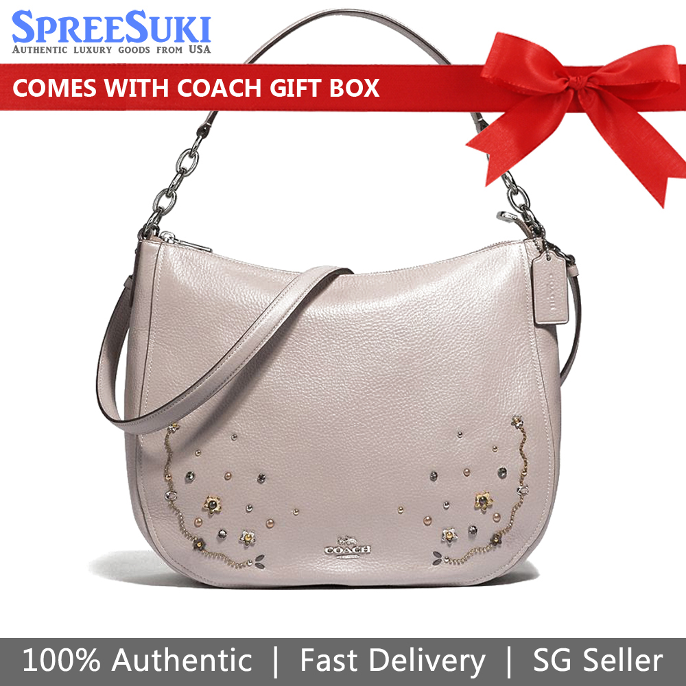 Coach Crossbody Bag Shoulder Bag Elle Hobo With Stardust Crystal Rivets Grey Birch # F49127