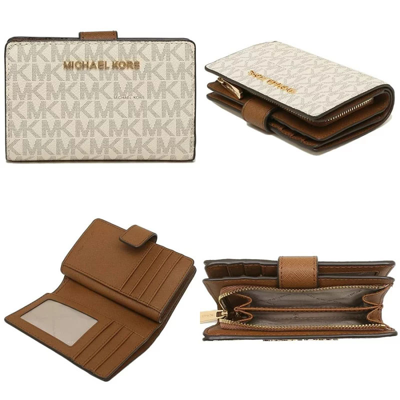 Michael Kors Medium Wallet Jet Set Travel Medium Bifold Zip Corner Wallet Vanilla Off White / Acorn Brown # 35F8STVF2B