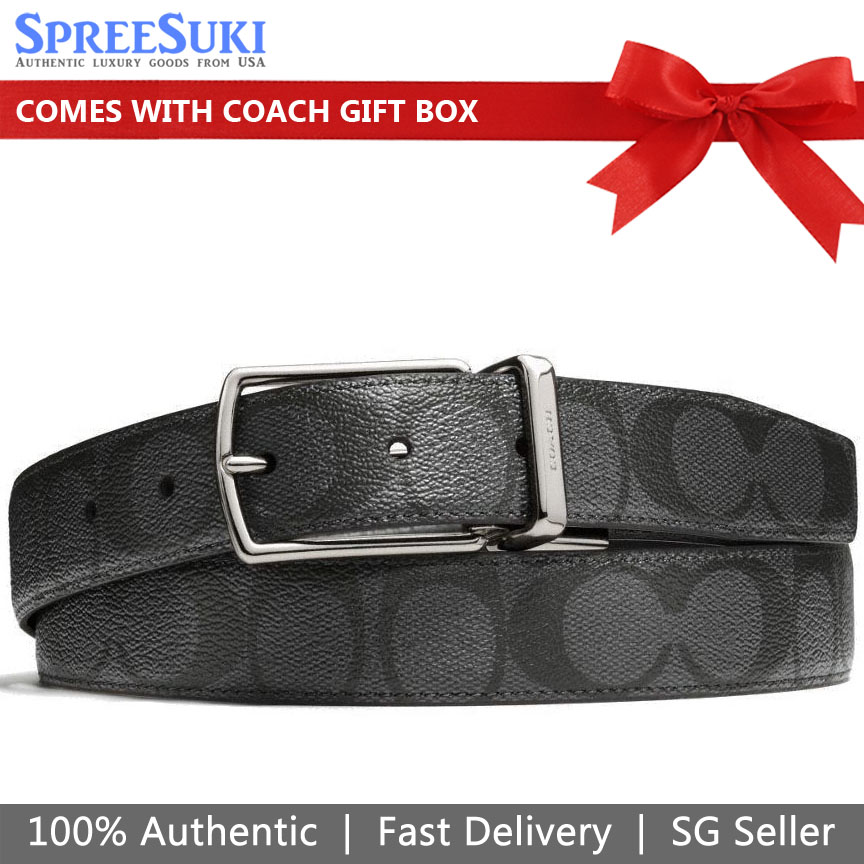 Coach Men Modern Harness Cut-To-Size Reversible Signature Coated Canvas Belt Charcoal / Black / Silver # F64825