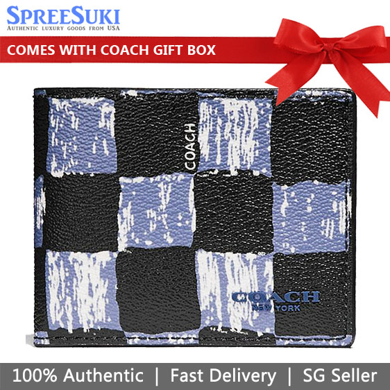 Coach Men Wallet In Gift Box Slim Billfold Wallet With Graphic Checker Print Dusk Black Blue # F22491