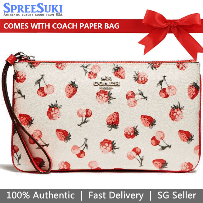 Coach Large Wristlet With Fruit Print Chalk Off White / Red # F23675