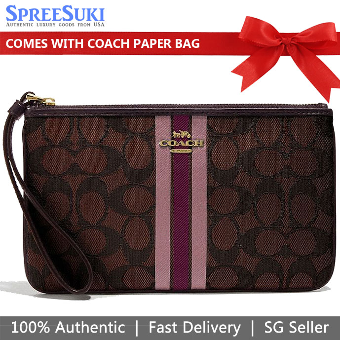 Coach Wristlet In Gift Box Large Wristlet In Signature Jacquard With Stripe Brown # F43009