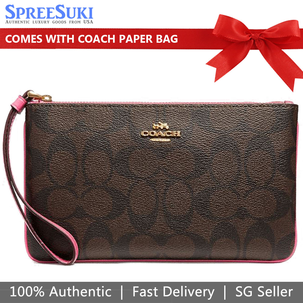 Coach Large Wristlet In Signature Canvas Brown / Pink # F58695