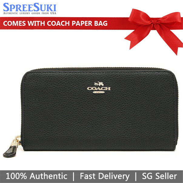 Coach Accordion Zip Wallet In Polished Pebble Leather Black # F16612