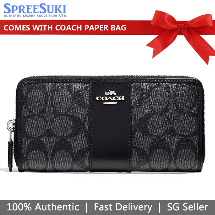 Coach Accordion Zip Wallet In Signature Coated Canvas With Leather Stripe Black Smoke Grey # F54630