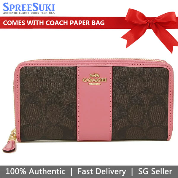 Coach Wallet In Gift Box Large Wallet Accordion Zip Wallet In Signature Canvas Brown / Pink # F54630