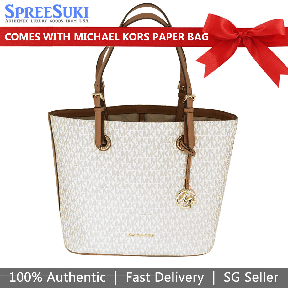 Michael Kors Jet Set Item Medium Tote Leather Vanilla Off White / Acorn Brown # 38H8GTTT3B