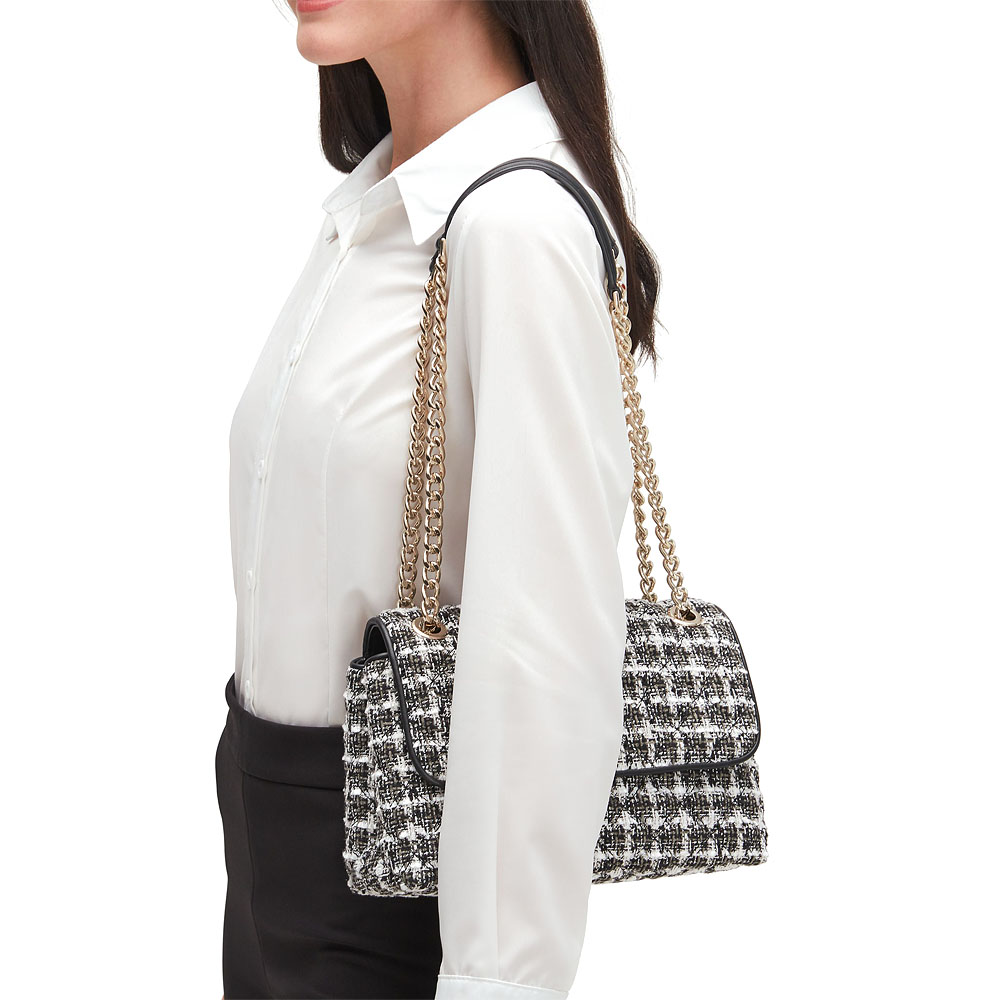 Kate Spade Crossbody Bag Natalia Tweed Medium Flap Shoulder Bag Black White # WKRU7080