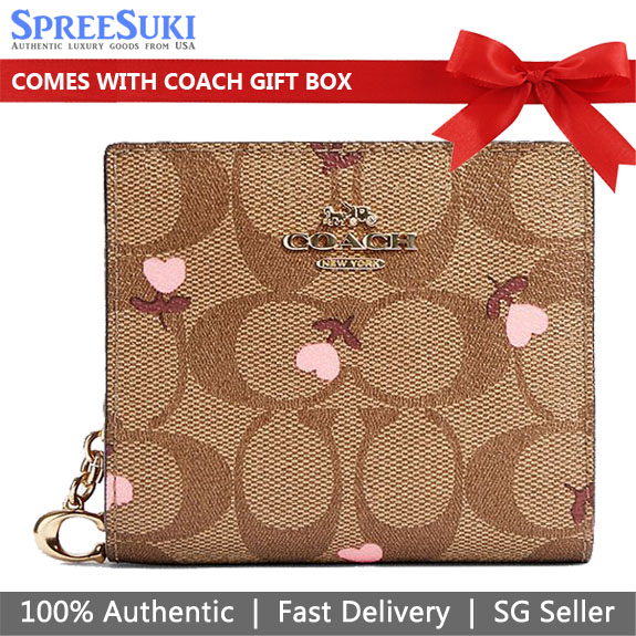 Coach Small Wallet Signature Heart Floral Snap Wallet Khaki / Red # C2867