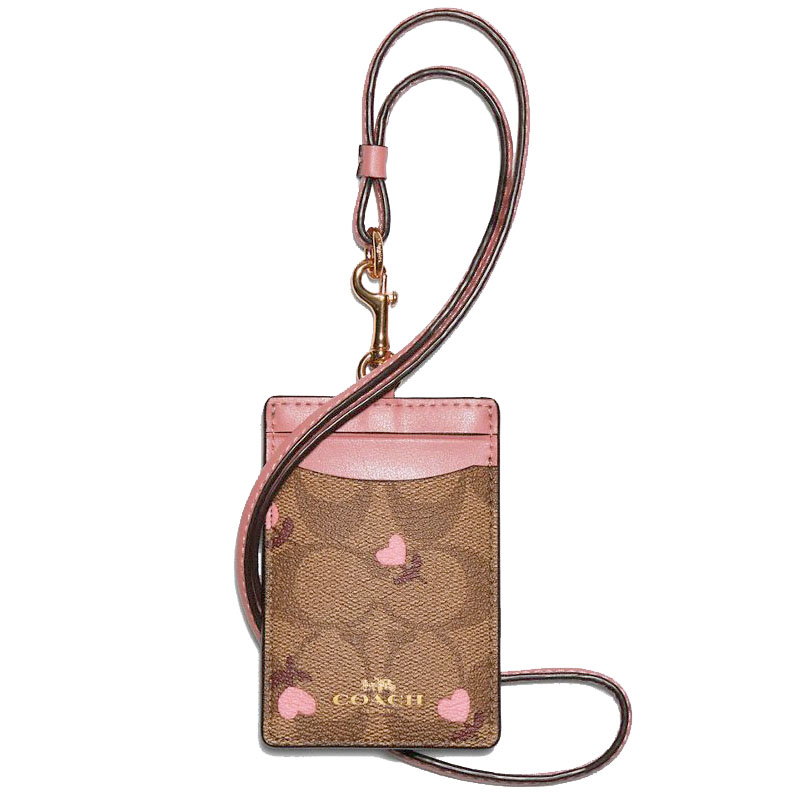 Coach Id Lanyard In Signature Canvas With Heart Floral Print Khaki / Pink Red # C3306