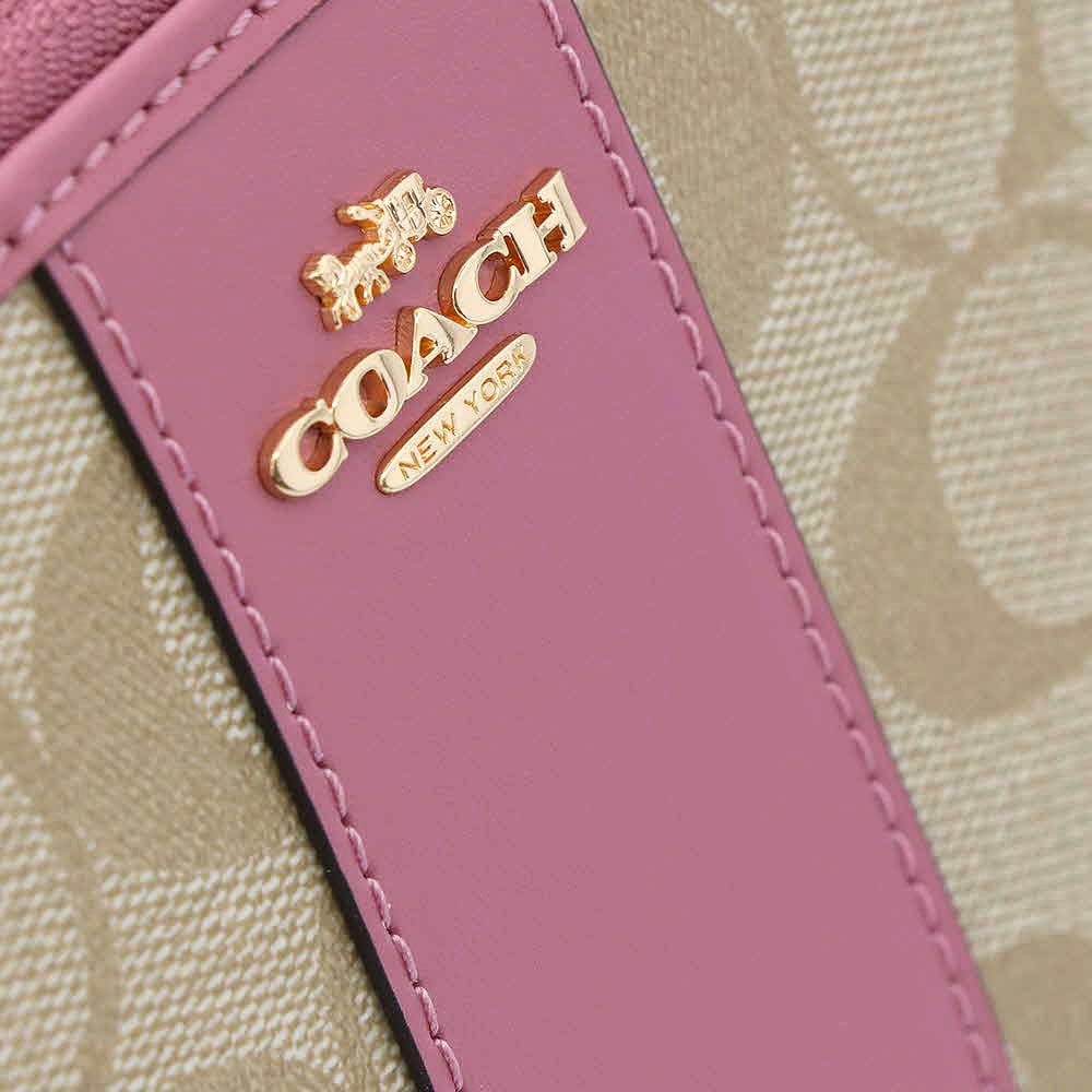 Coach Long Wallet Accordion Zip Wallet In Signature Coated Canvas With Leather Stripe Light Khaki / Rose Pink # 54630
