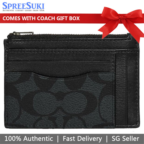 Coach Multiway Zip Card Case In Signature Canvas Charcoal Black # F66649