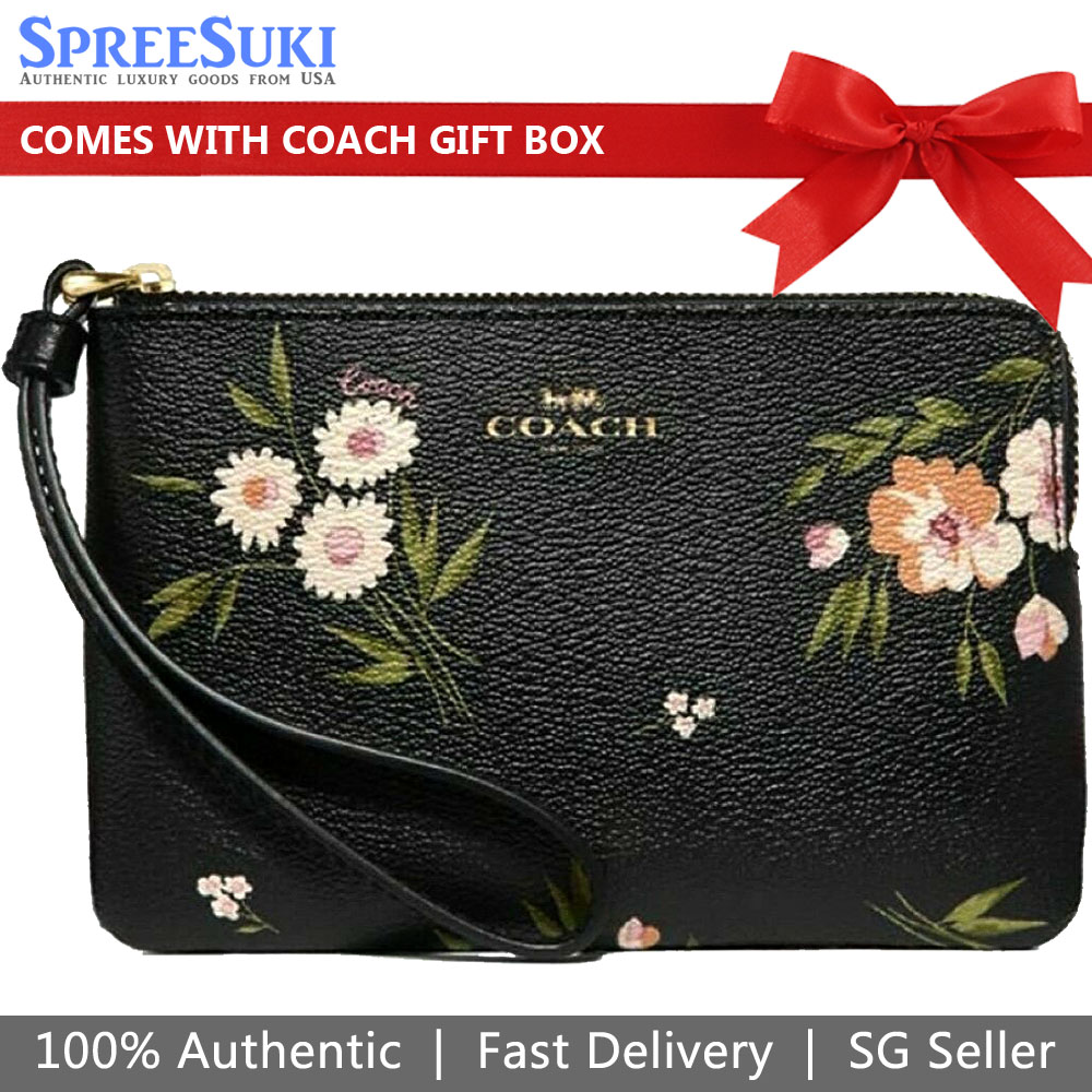 Coach Small Wristlet Corner Zip Wristlet With Tossed Daisy Print Floral Black # F73363