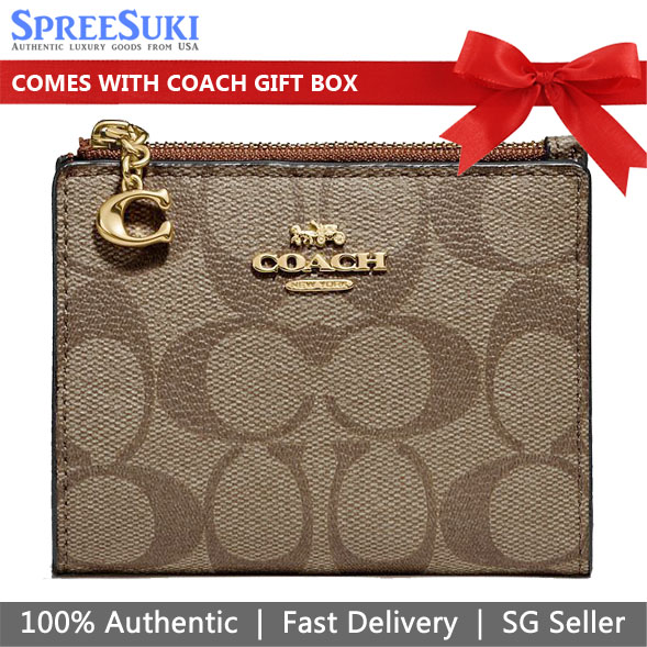 Coach Small Wallet Signature Snap Card Case With Charm Khaki / Saddle Brown # F78002