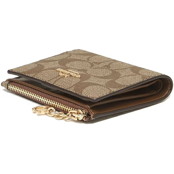 Coach Small Wallet Signature Snap Card Case With Charm Khaki / Saddle Brown # F78002