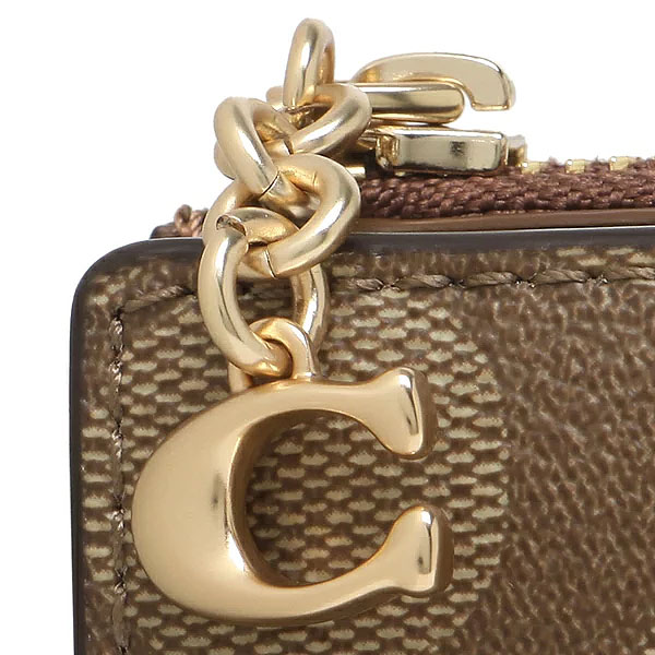 Coach Small Wallet Signature Snap Card Case With Charm Khaki / Saddle Brown # F78002