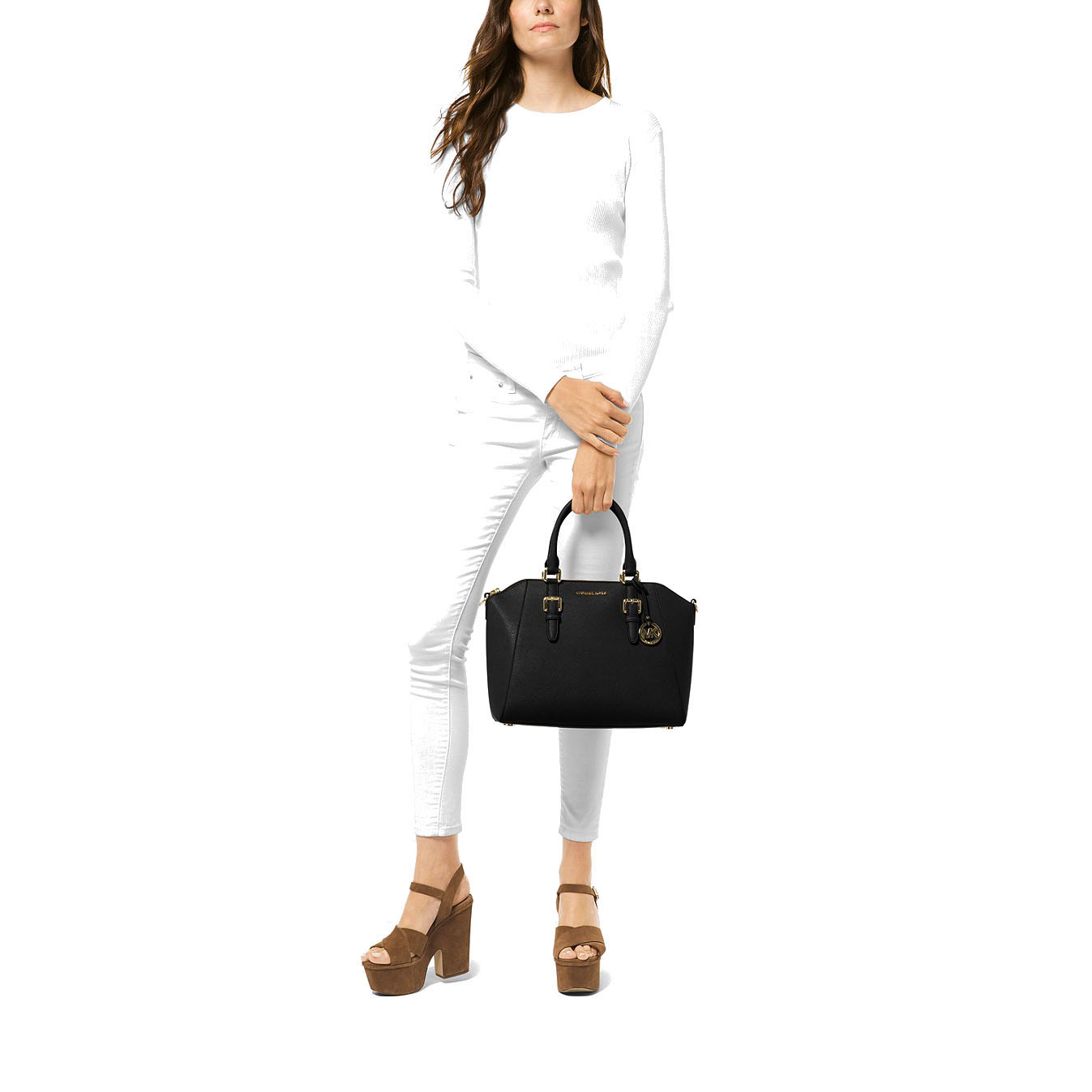 Michael Kors Crossbody Bag Ciara Large Top Zip Satchel (With Stud) Black # 38F8GC6S3L
