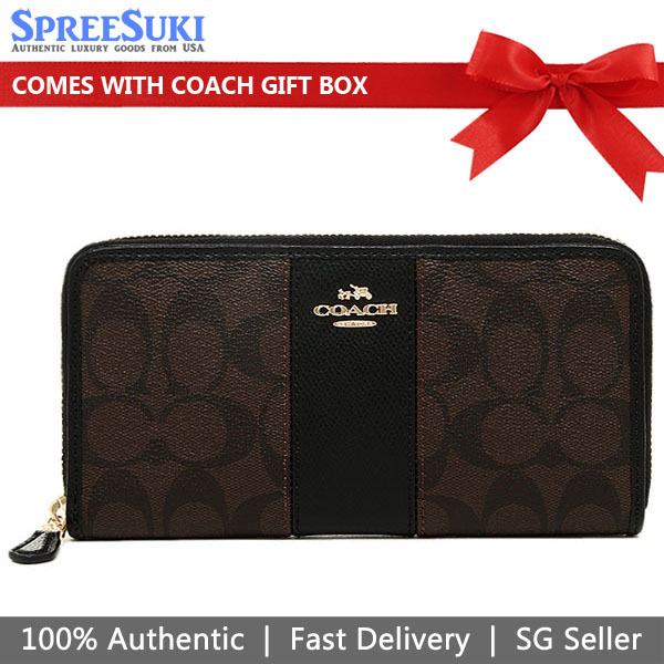 Coach Long Wallet Accordion Zip Wallet In Signature Coated Canvas With Leather Stripe Black / Brown # F54630