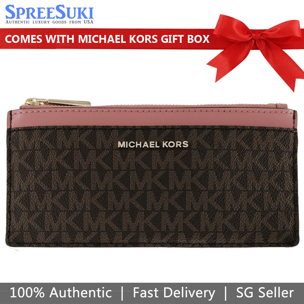 Michael Kors Money Pieces Large Slim Card Case Brown / Rose Pink # 32T8GF6D7B