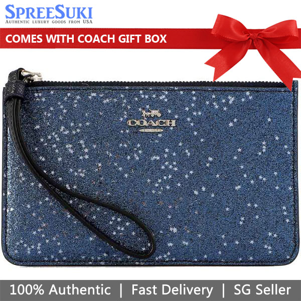 Coach Boxed Small Wristlet With Star Glitter Midnight Dark Blue / Silver # F38641