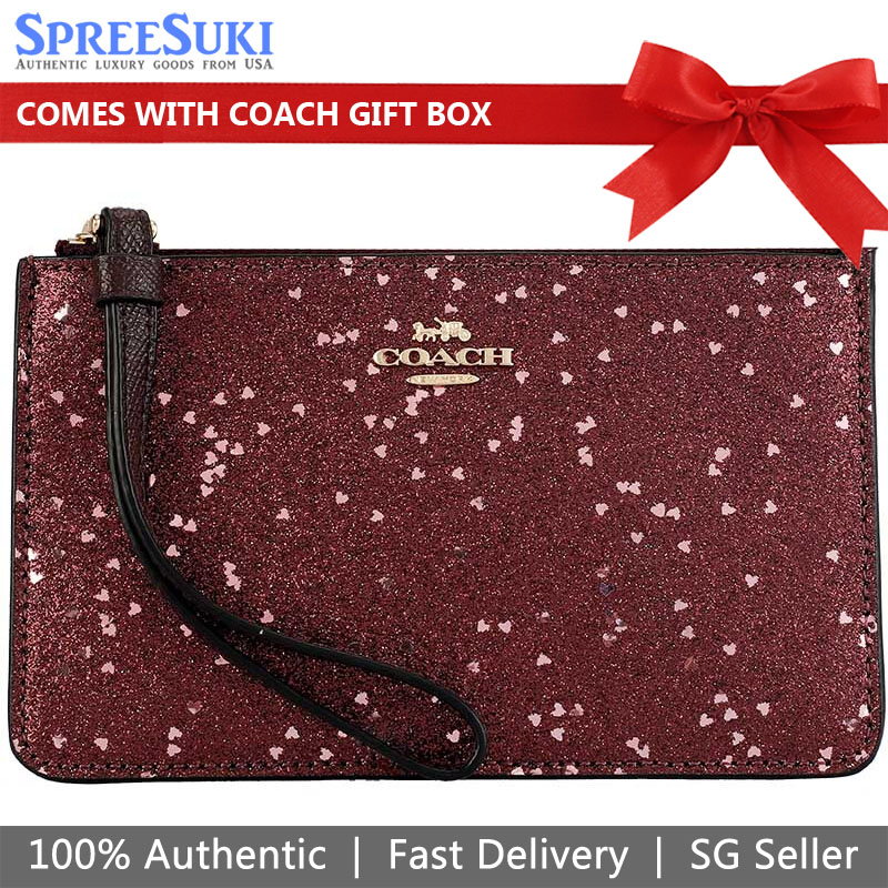 Coach Boxed Small Wristlet With Heart Glitter Raspberry Red # F39132