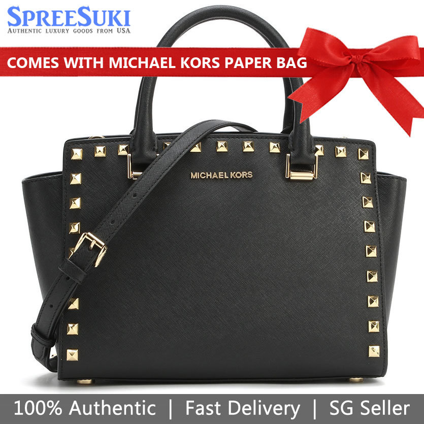 Michael Kors Crossbody Bag Selma Stud Medium Top Zip Satchel Black # 35H8GSMS2L