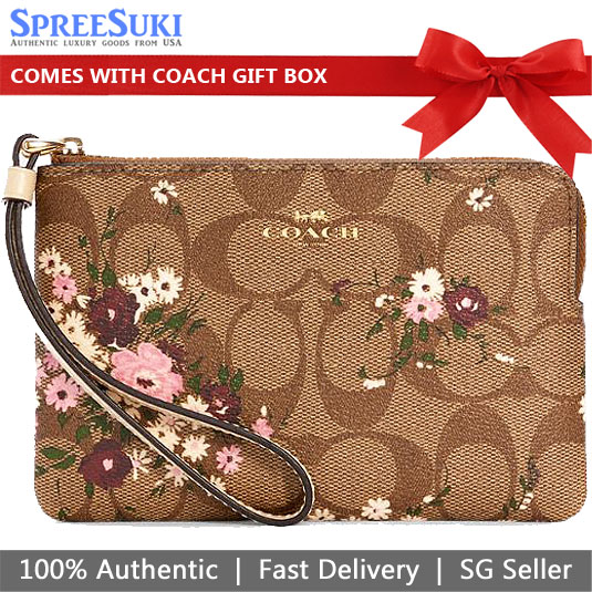 Coach Corner Zip Wristlet In Signature Canvas With Evergreen Floral Print Khaki Purple Pink Off-White # 6860