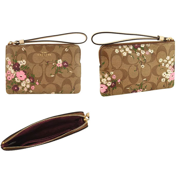 Coach Corner Zip Wristlet In Signature Canvas With Evergreen Floral Print Khaki Purple Pink Off-White # 6860
