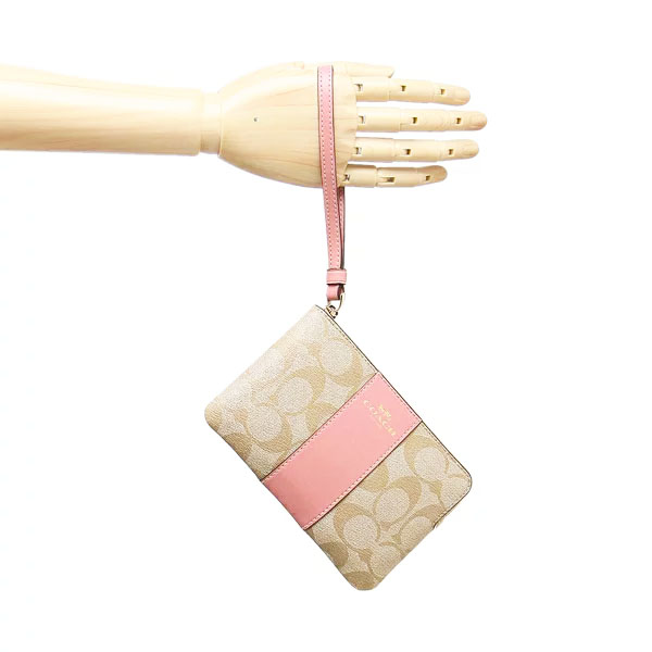 Coach Small Wristlet Corner Zip Wristlet In Signature Canvas Light Khaki / Bubblegum Pink # 58035