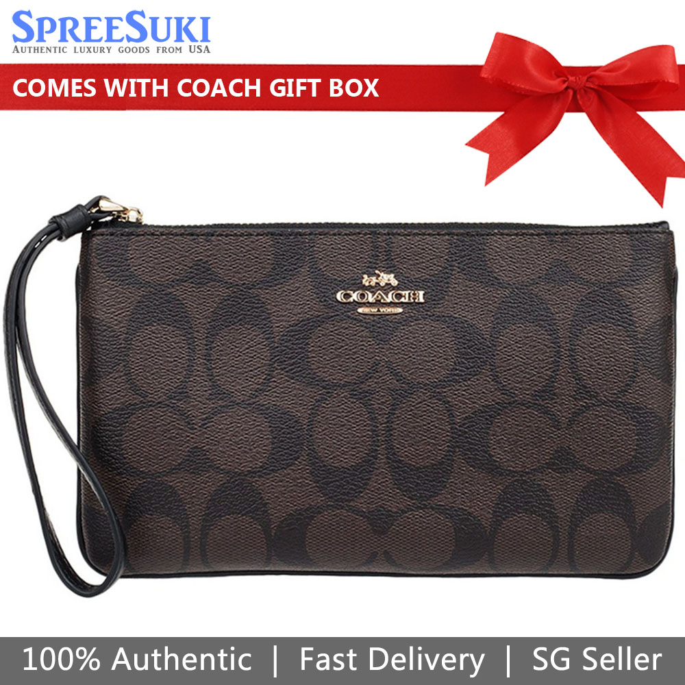 Coach Wristlet In Gift Box Large Wristlet In Signature Brown / Black # F58695