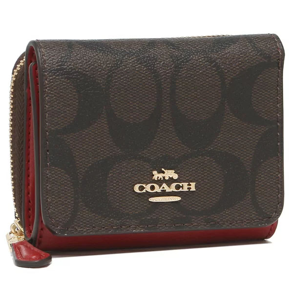 Coach Small Wallet Small Trifold Wallet In Signature Canvas Brown 1941 Red # 7331