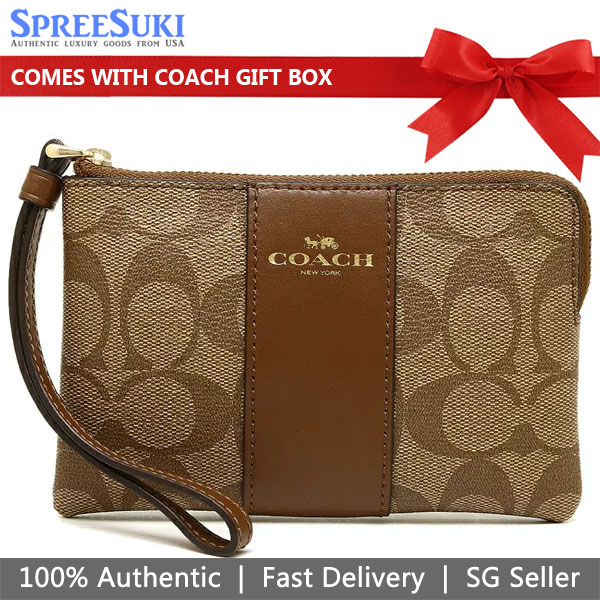 Coach Small Wristlet Corner Zip Wristlet In Signature Coated Canvas With Leather Stripe Khaki / Saddle Brown # 58035