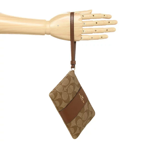 Coach Small Wristlet Corner Zip Wristlet In Signature Coated Canvas With Leather Stripe Khaki / Saddle Brown # 58035